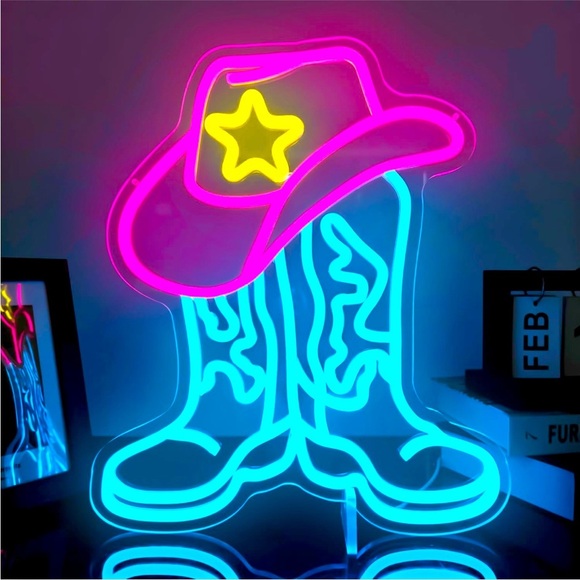 Urban Outfitters Other - Neon Cowgirl Boot Blue Pink Bday Party Wall Indoor Outdoor Gift Light LED Decor